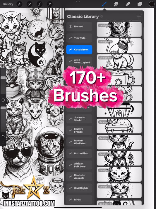 Cat Outline Procreate Brushes: 170+ Feline Stamps, Tattoo Flash