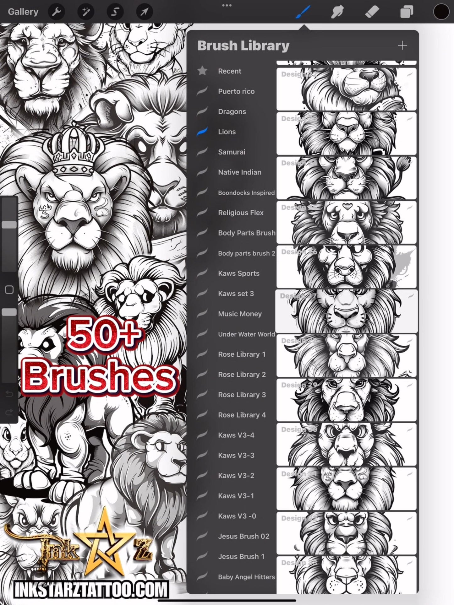 Lion Procreate Brush Set – Black & Grey Tattoo Flash Stamps for Digital Artists