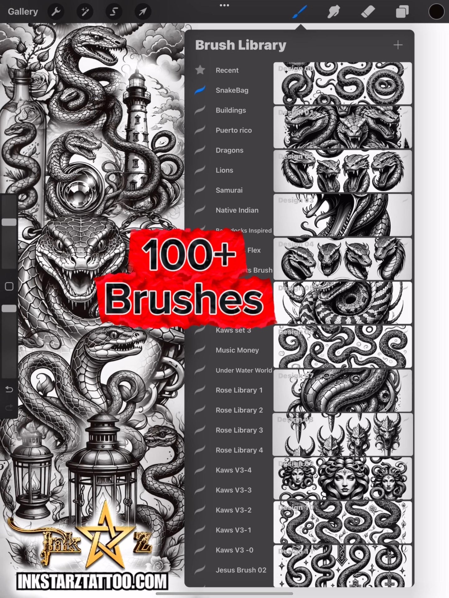 Snake Tattoo Flash Procreate Brush Set: 100+ Black & Grey Designs (Digital Download)