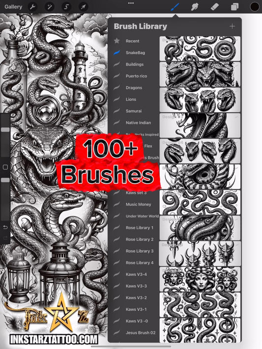 Snake Tattoo Flash Procreate Brush Set: 100+ Black & Grey Designs (Digital Download)