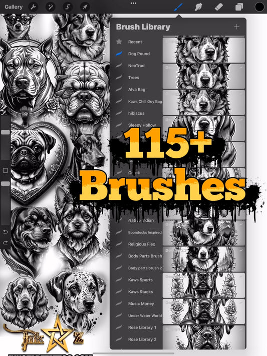 Procreate 115+ Dog Brushes Pitbull  Rottweiler  Bulldog Dog Doberman Pound Tattoo Flash Set