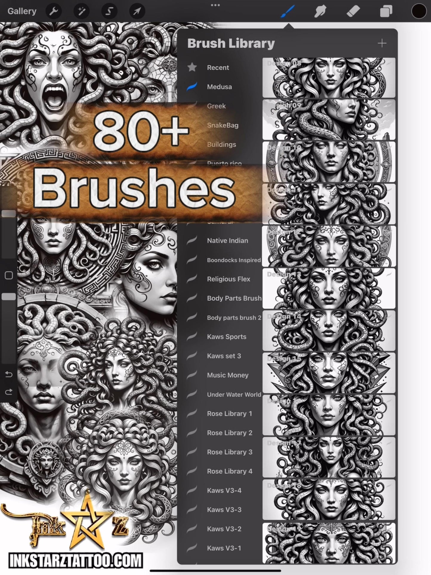 Medusa Tattoo Procreate Brush Set – Black & Grey Digital Tattoo Stamps for Artists Designers