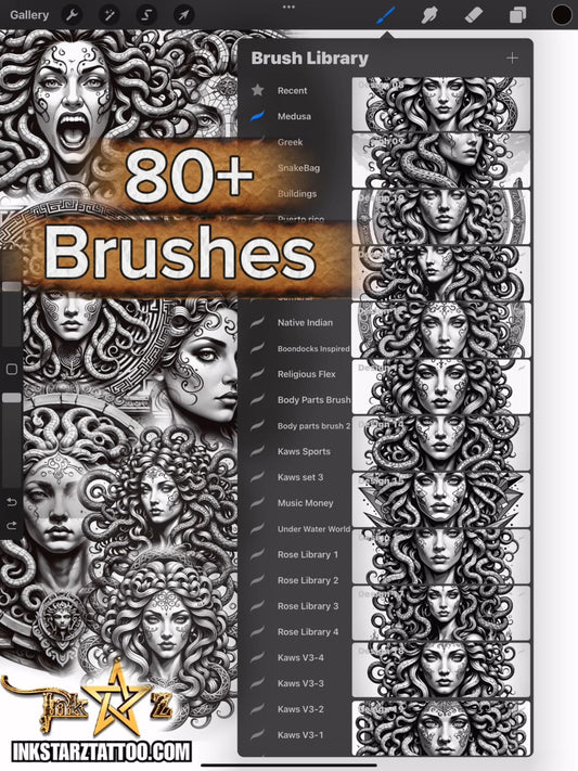 Medusa Tattoo Procreate Brush Set – Black & Grey Digital Tattoo Stamps for Artists Designers