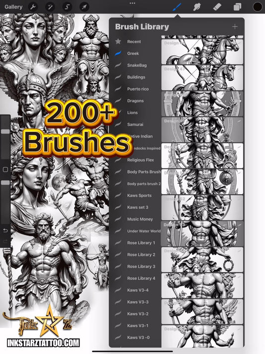 Greek Statue Tattoo Flash Procreate Brush Set – Black & Grey Tattoo Stamps for Artists Designers