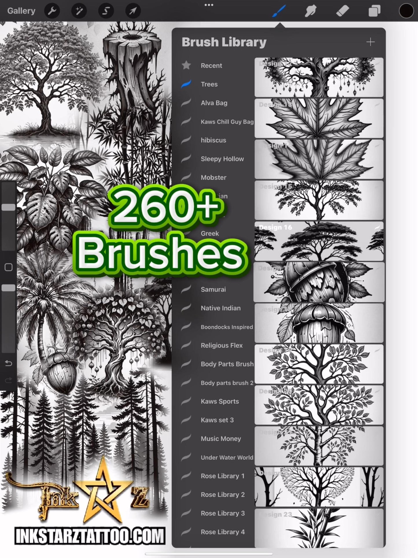 Procreate Brushes – Tree  Forest Tattoo Flash Pack | Roots Stumps & Woodland Designs