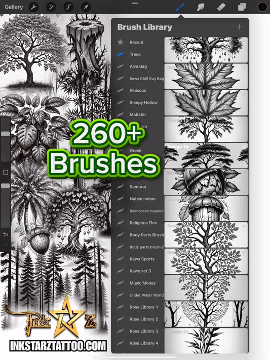 Procreate Brushes – Tree  Forest Tattoo Flash Pack | Roots Stumps & Woodland Designs