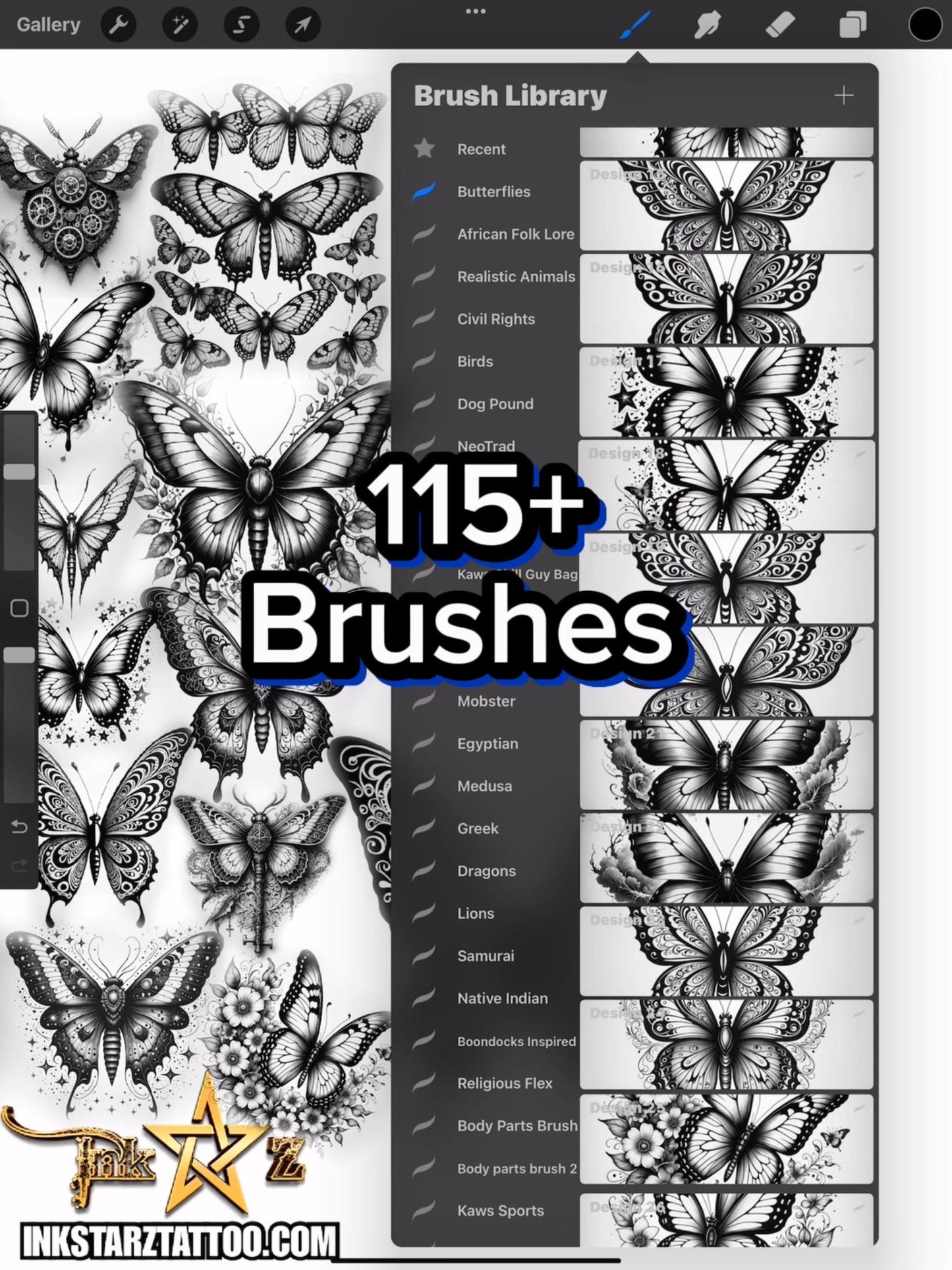 Butterfly Procreate Brush Set | 115+ Stamp Brushes for Tattoo Flash, Digital Art Design
