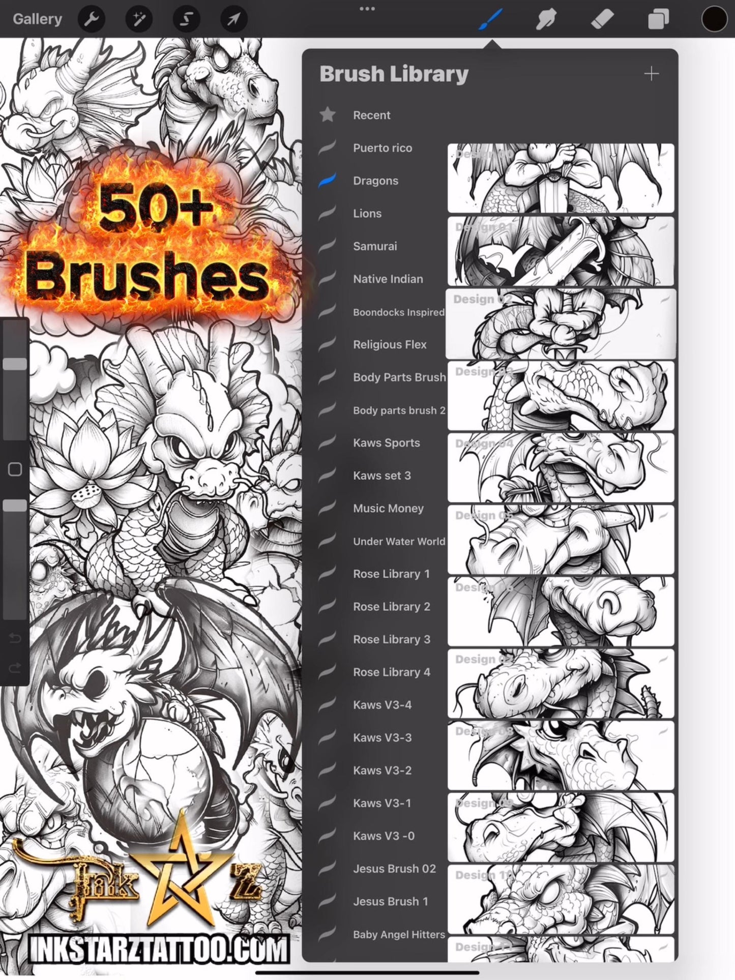 Dragon Procreate Brush Set – Black & Grey Tattoo Flash Stamps for Digital Artists