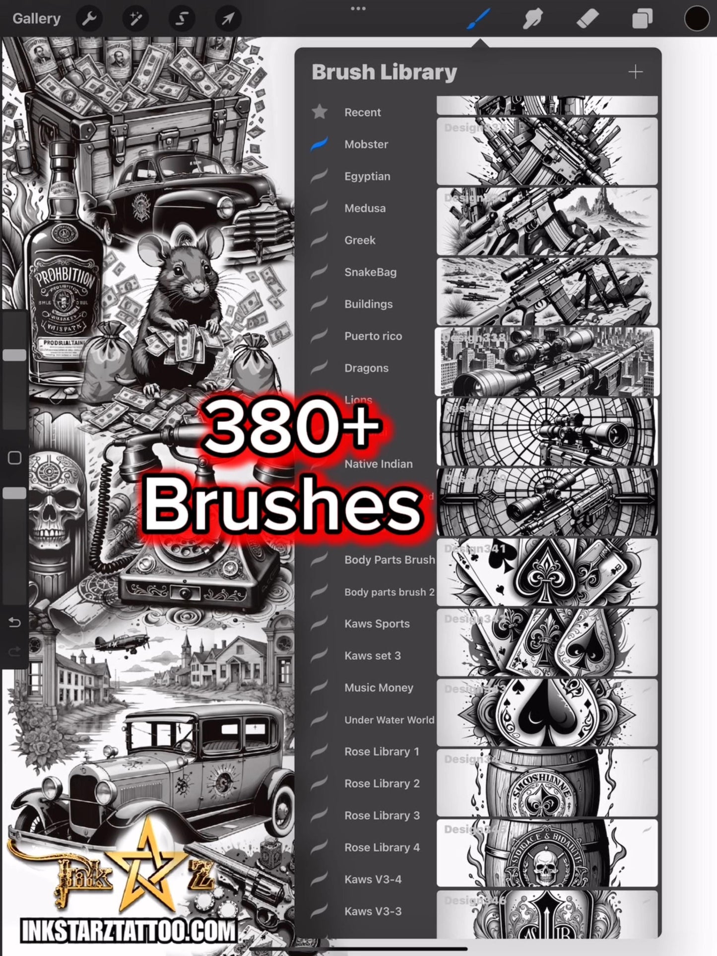 Mobster Gangs Tattoo Flash Procreate Brush Set – Black & Grey Digital Stamps for Tattoo Artists