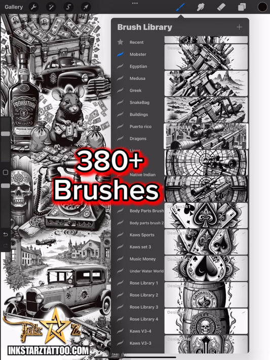 Mobster Gangs Tattoo Flash Procreate Brush Set – Black & Grey Digital Stamps for Tattoo Artists