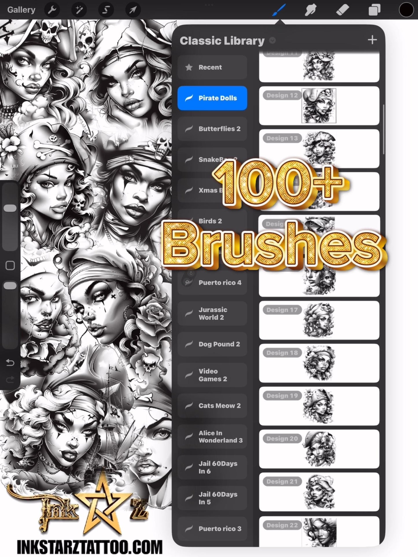 Pirate Girl Tattoo Procreate Brush Set – 100+ Flash Art Stamps (Digital Download)