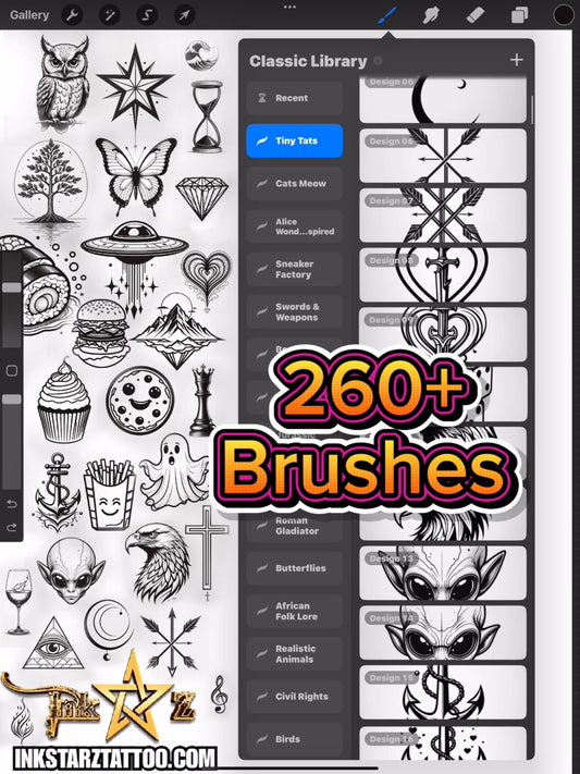 Tiny Tattoo Procreate Brush Set: 260+ Minimalist Flash Stamps