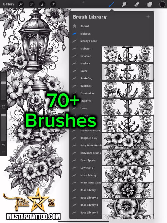Tropical Hibiscus Procreate Brushes | Black & Grey Tattoo Flash Flower Pack