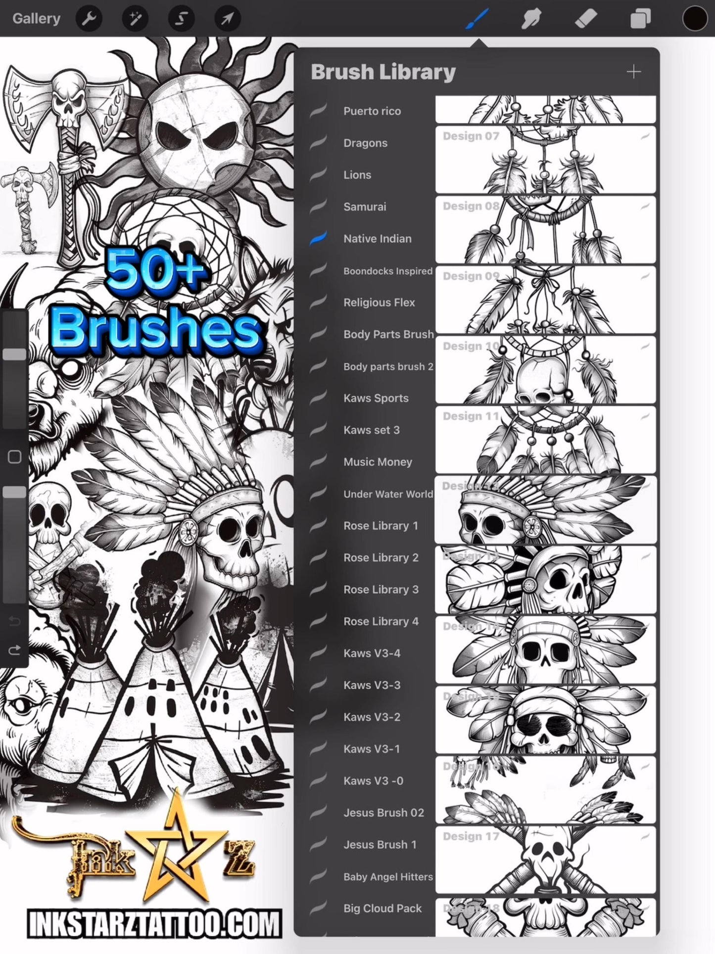 Native Indian Procreate Brush Set – Black & Grey Tattoo Flash Stamps for Digital Artists