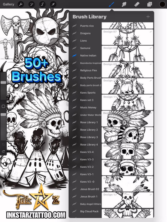 Native Indian Procreate Brush Set – Black & Grey Tattoo Flash Stamps for Digital Artists