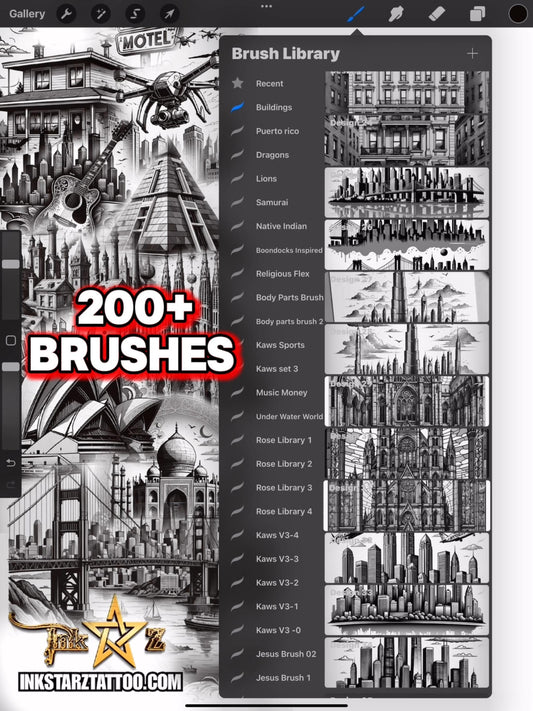 Urban Building Tattoo Flash Procreate Brush Set: Black & Grey Digital Stamps
