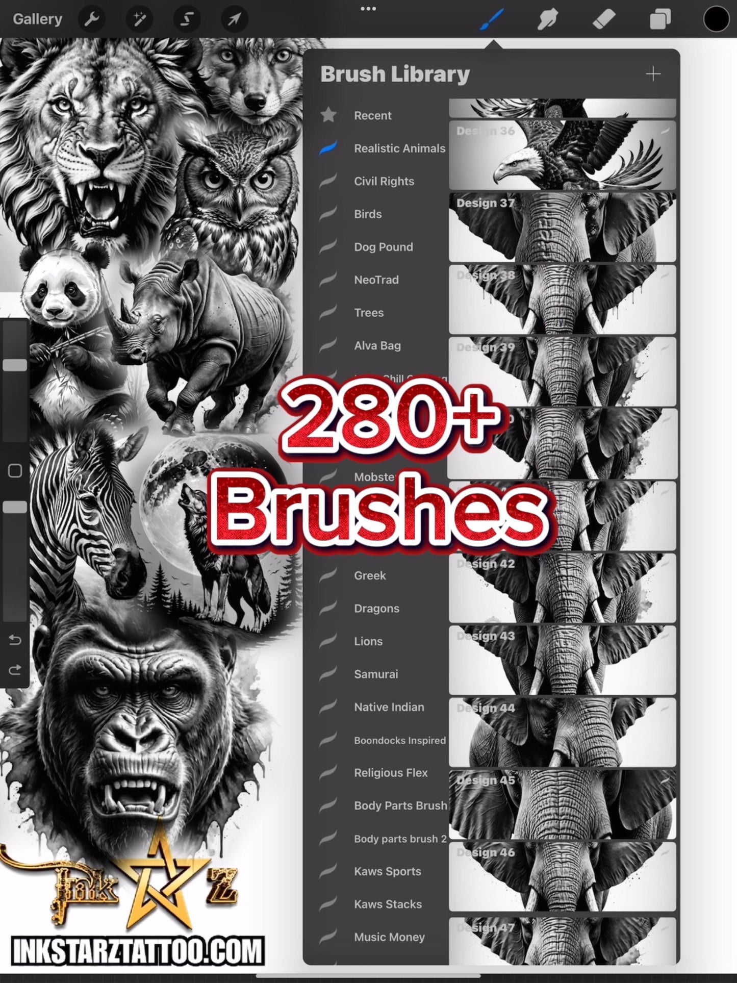Realistic Animals Procreate Brush Set | 280+ High-Contrast Black & White Animal Stamp Brushes
