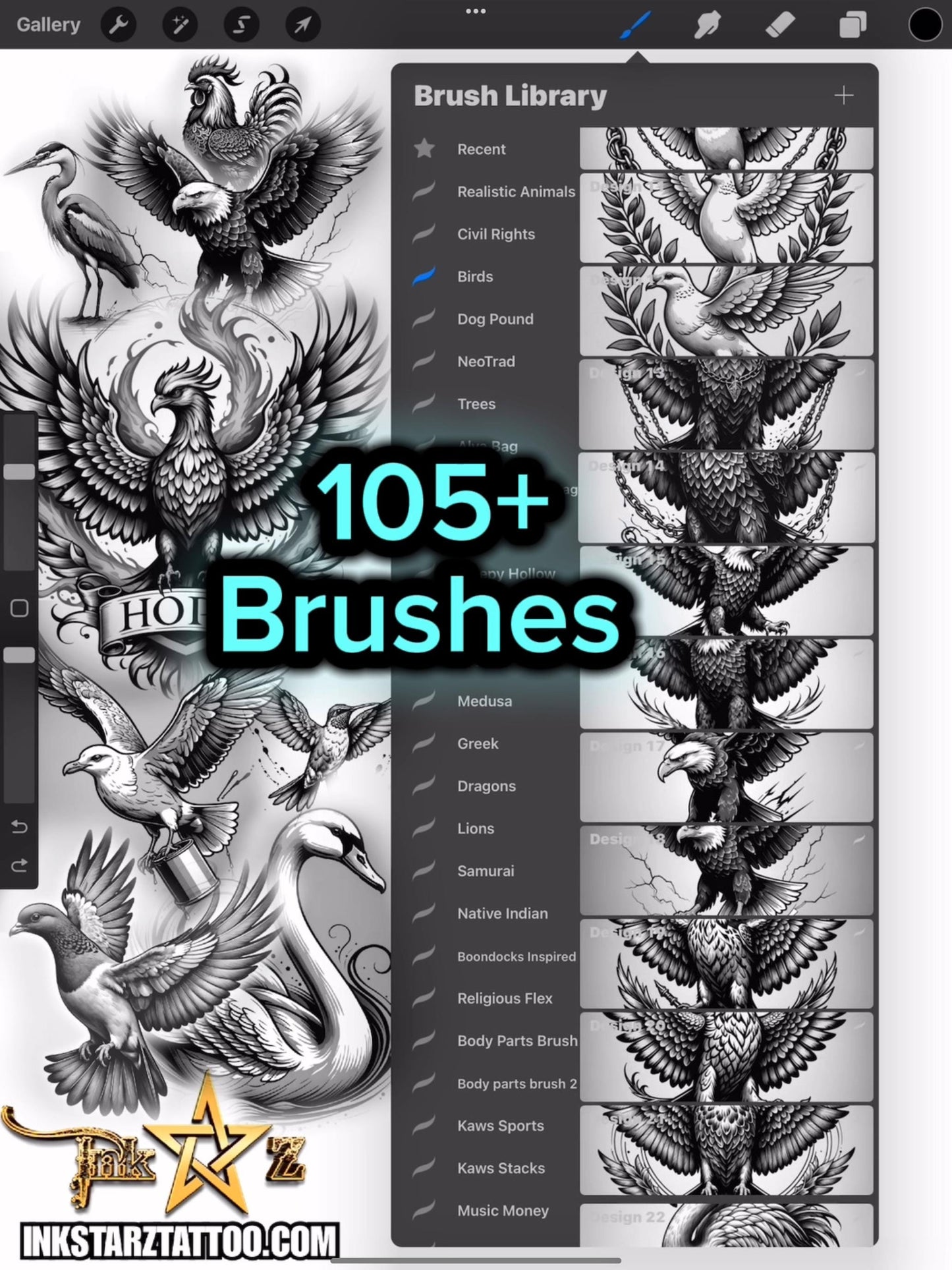 Birds Procreate Brush Set | 100+ Eagle, Owl, Raven, Dove & Phoenix Stamp Brushes