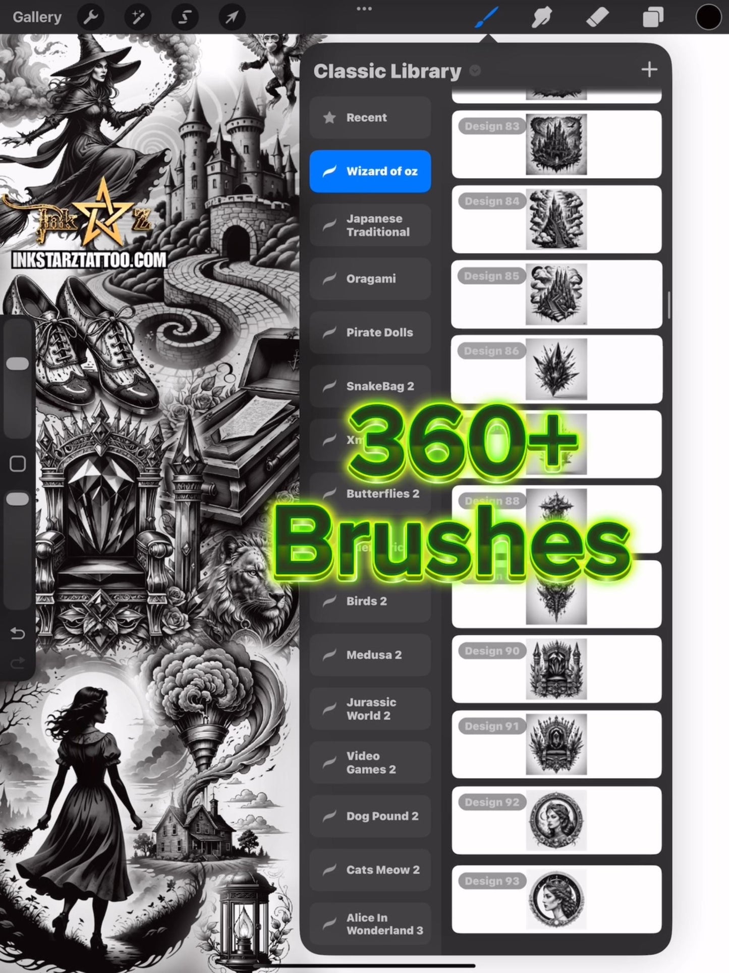 360+ Wizard of Oz Procreate Brush Set – Tattoo Flash, Line Art, Black Grey Stamps