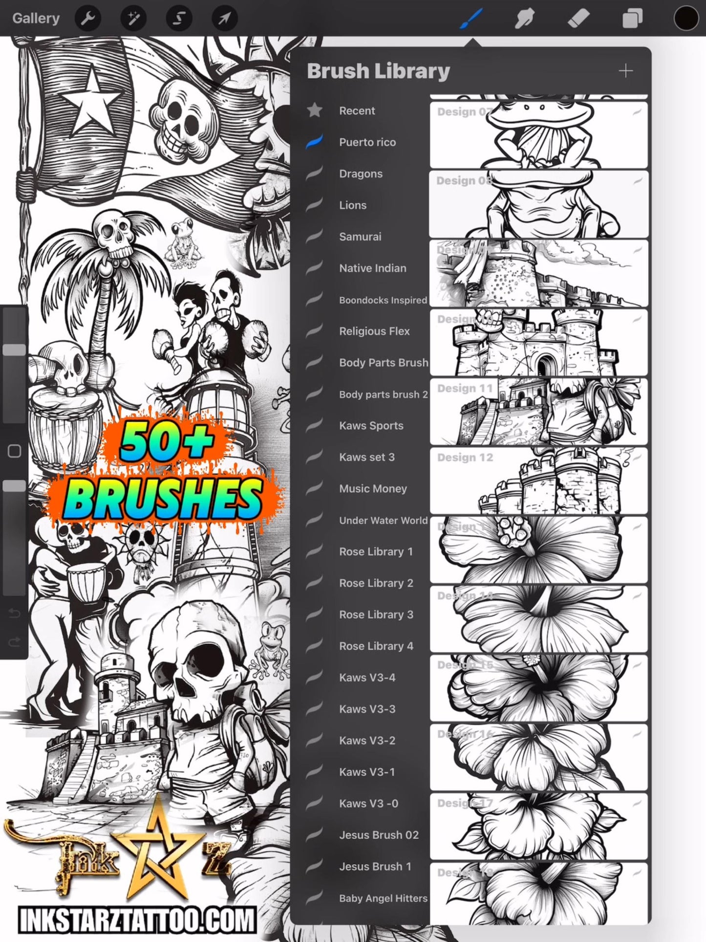 Puerto Rico Muerto Procreate Brush Set – Black & Grey Tattoo Flash Outlines for Digital Artists