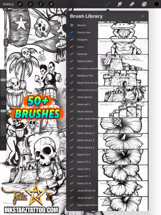 Puerto Rico Muerto Procreate Brush Set – Black & Grey Tattoo Flash Outlines for Digital Artists