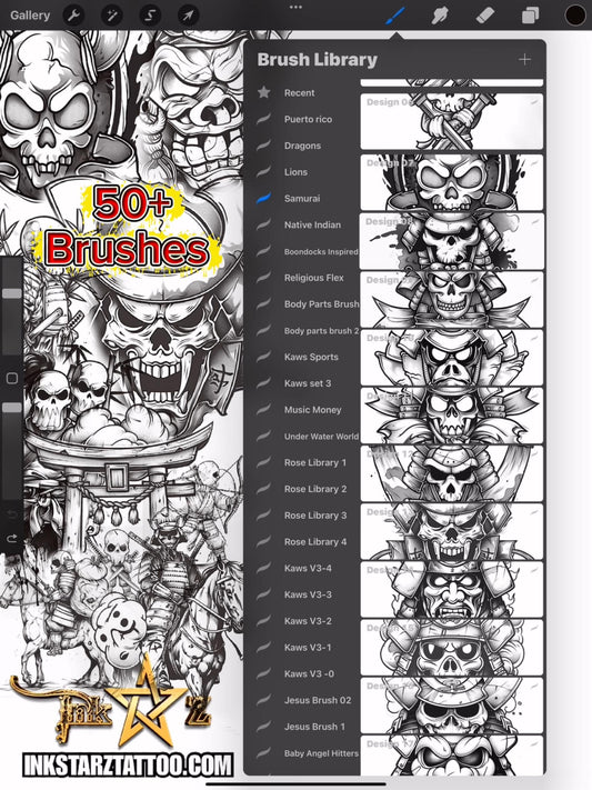 Samurai Procreate Brush Set – Black & Grey Tattoo Flash Stamps for Digital Artists