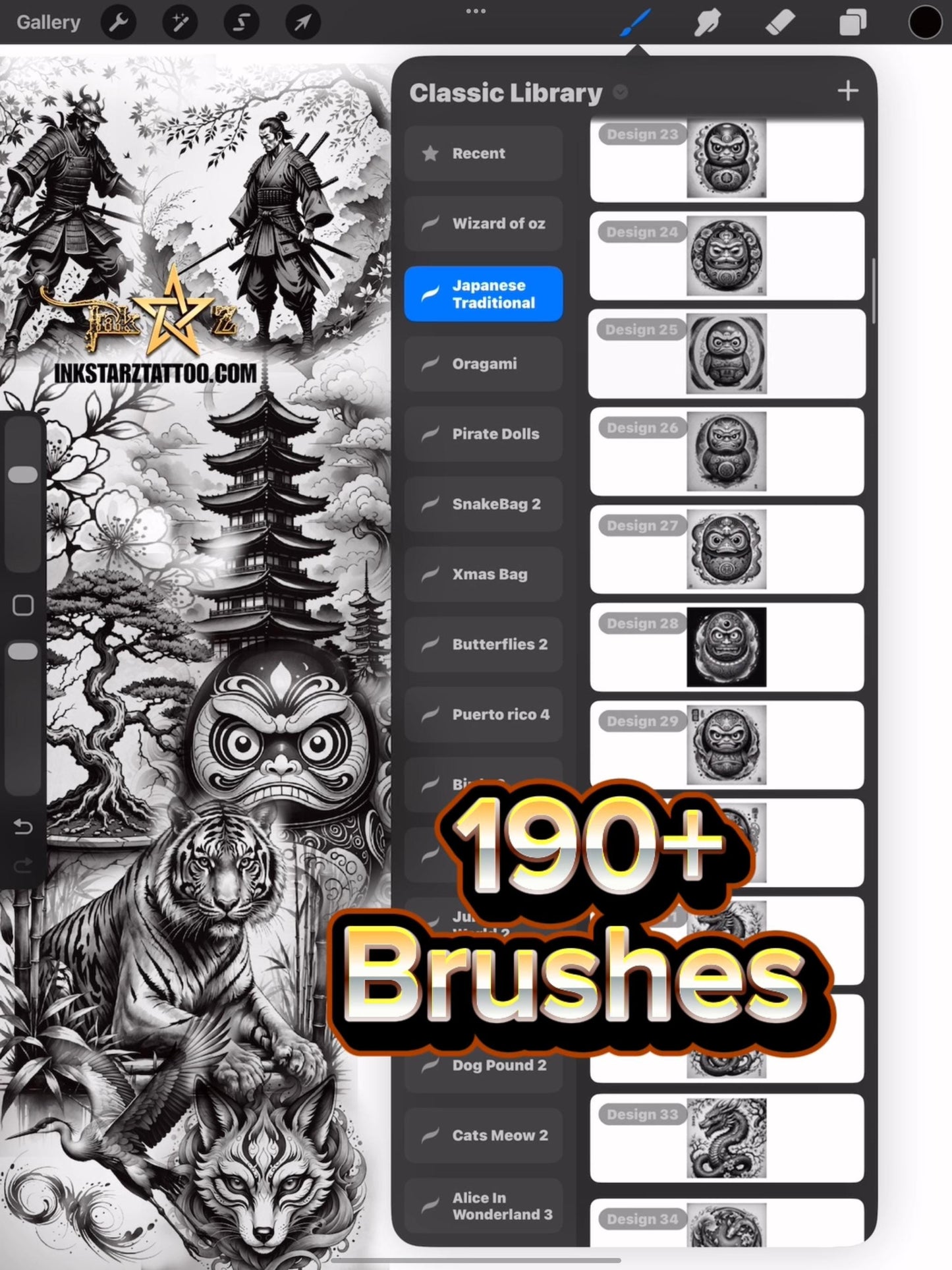 190+ Japanese Procreate Brush Set – Tattoo Flash, Dragons, Koi, Masks, Samurai, Waves