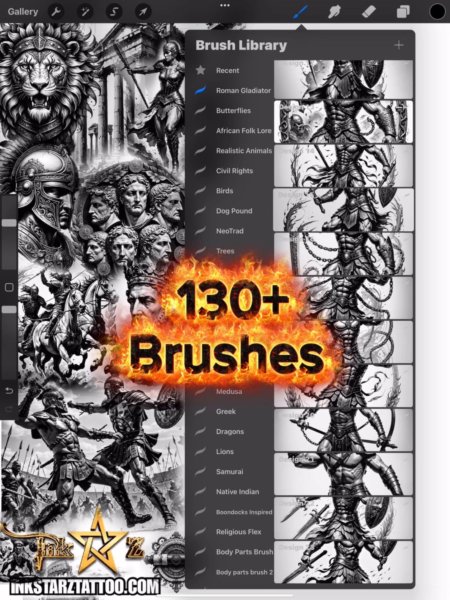 Roman-Inspired Procreate Brush Set | 130+ Gladiator, Gods, Architecture Mythology Stamp Brushes