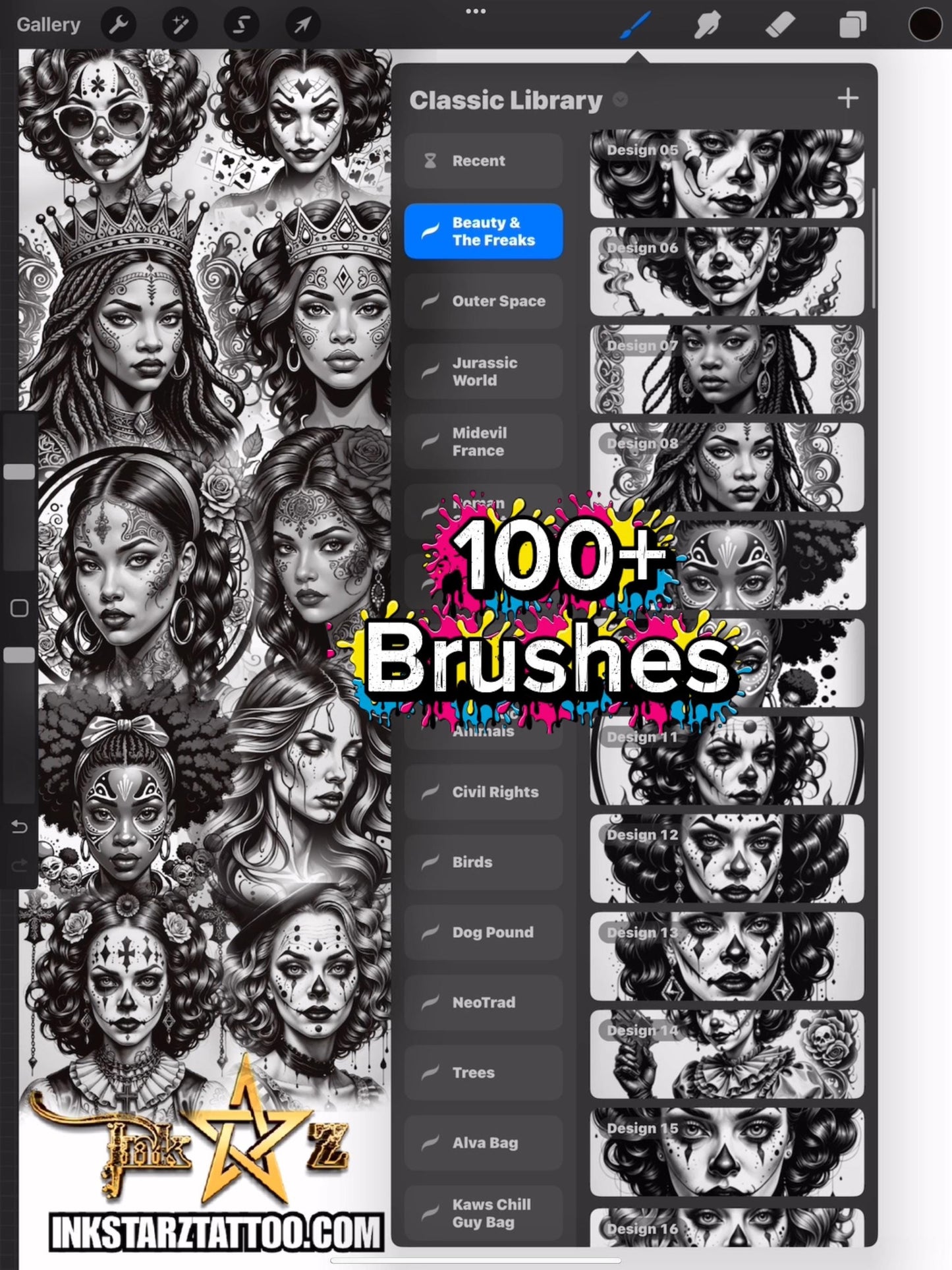 Beauty And The Freaks– 100+ Procreate Brushes | Creepy Cute Clown Girls, Tattoo Flash, Dark Aesthetic Art Stamps