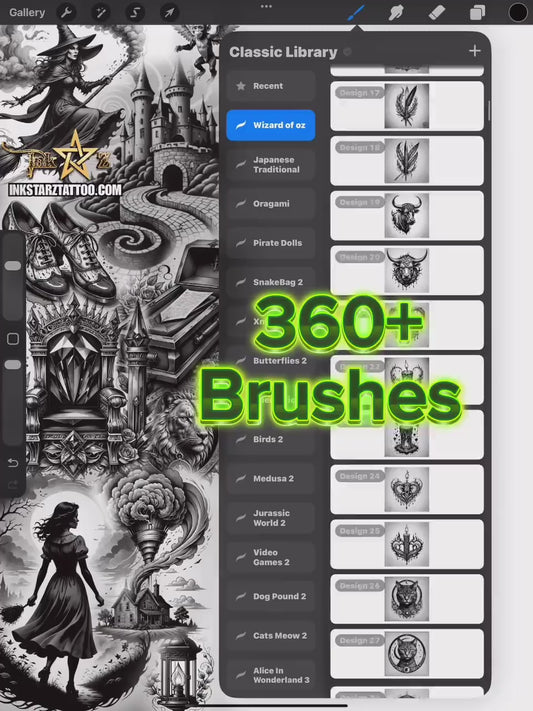 360+ Wizard of Oz Procreate Brush Set – Tattoo Flash, Line Art, Black Grey Stamps