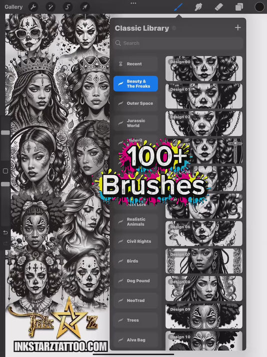 Beauty And The Freaks– 100+ Procreate Brushes | Creepy Cute Clown Girls, Tattoo Flash, Dark Aesthetic Art Stamps
