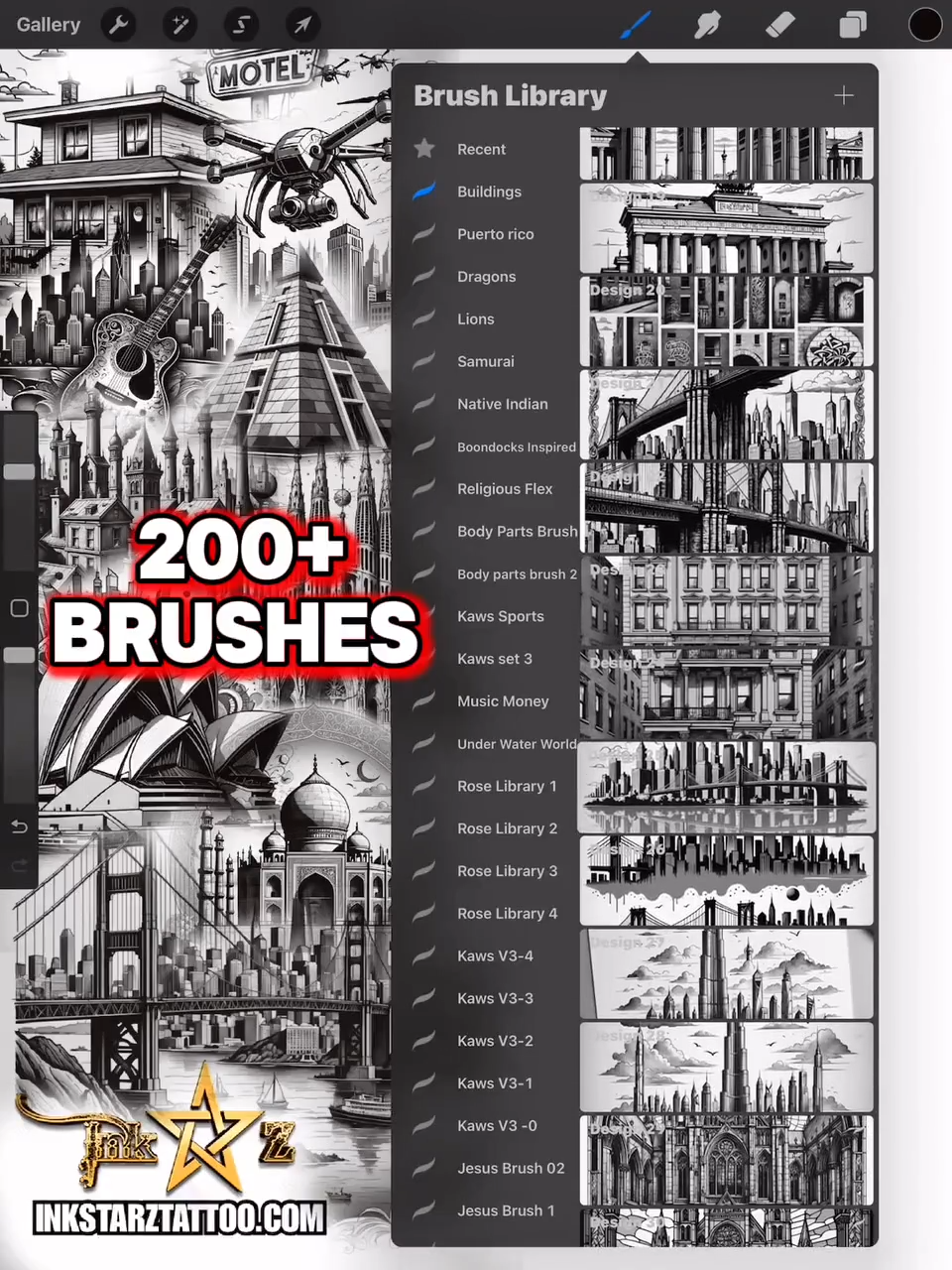 Urban Building Tattoo Flash Procreate Brush Set: Black & Grey Digital Stamps