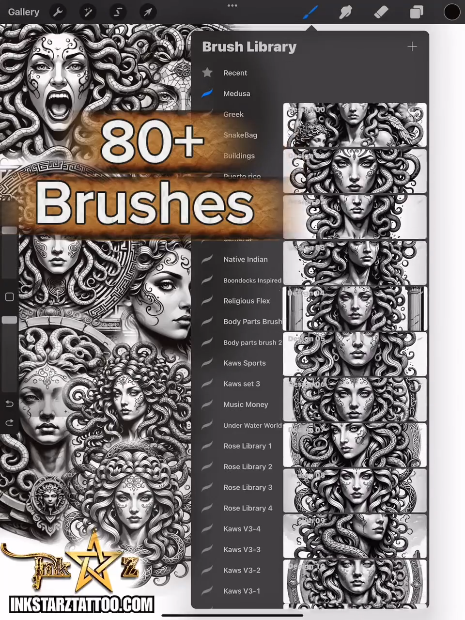Medusa Tattoo Procreate Brush Set – Black & Grey Digital Tattoo Stamps for Artists Designers