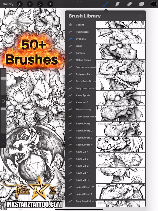 Dragon Procreate Brush Set – Black & Grey Tattoo Flash Stamps for Digital Artists